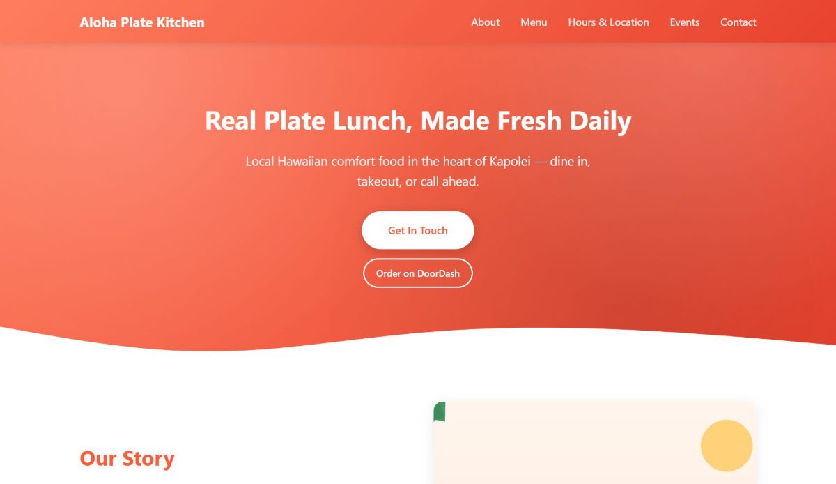 Aloha Plate Kitchen demo site — homepage with hero image and Order on DoorDash button