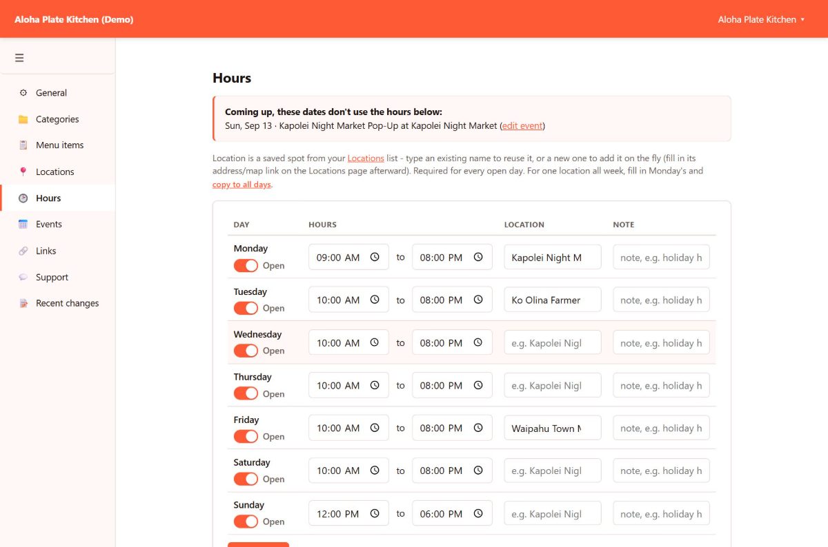 Portal hours page — a toggle and open/close times for each day of the week, with the location for each day