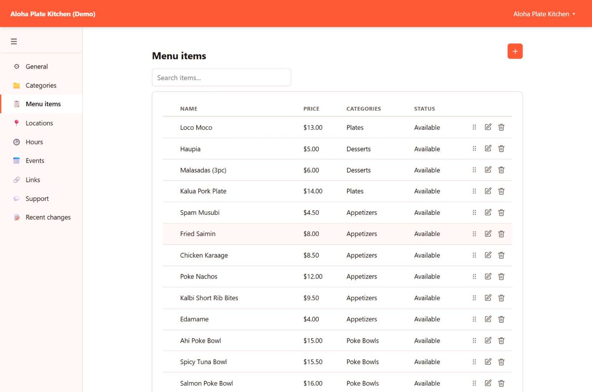 Portal menu items page — a searchable list of dishes with prices, categories and availability